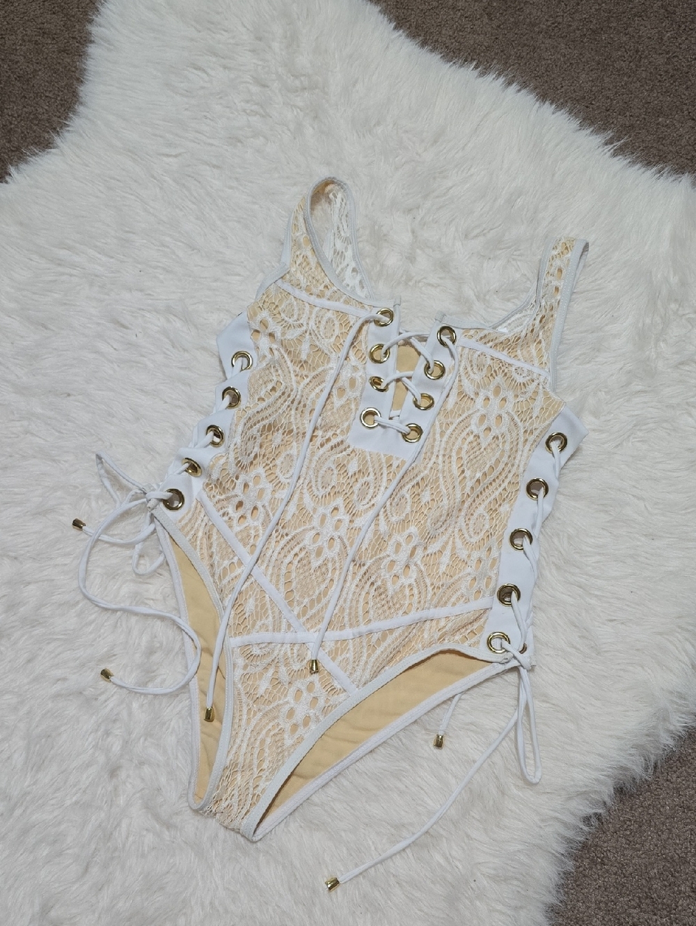 Lace-Up White and Beige Girls' One-Piece Swimsuit